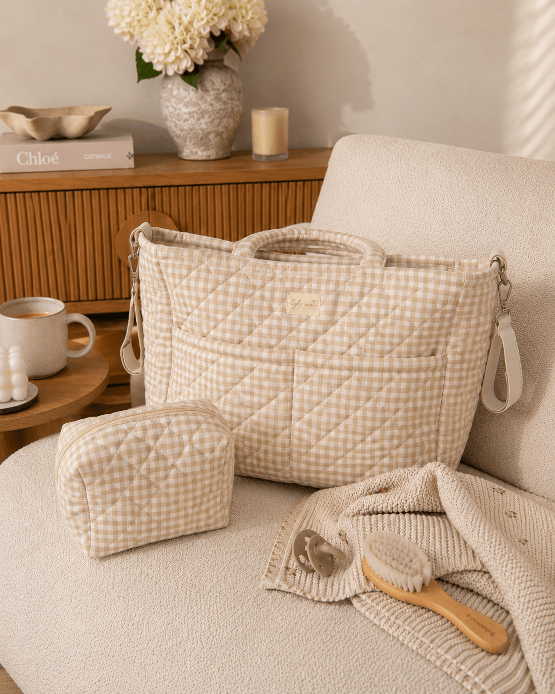 Oat Gingham Quilted Tote Bag