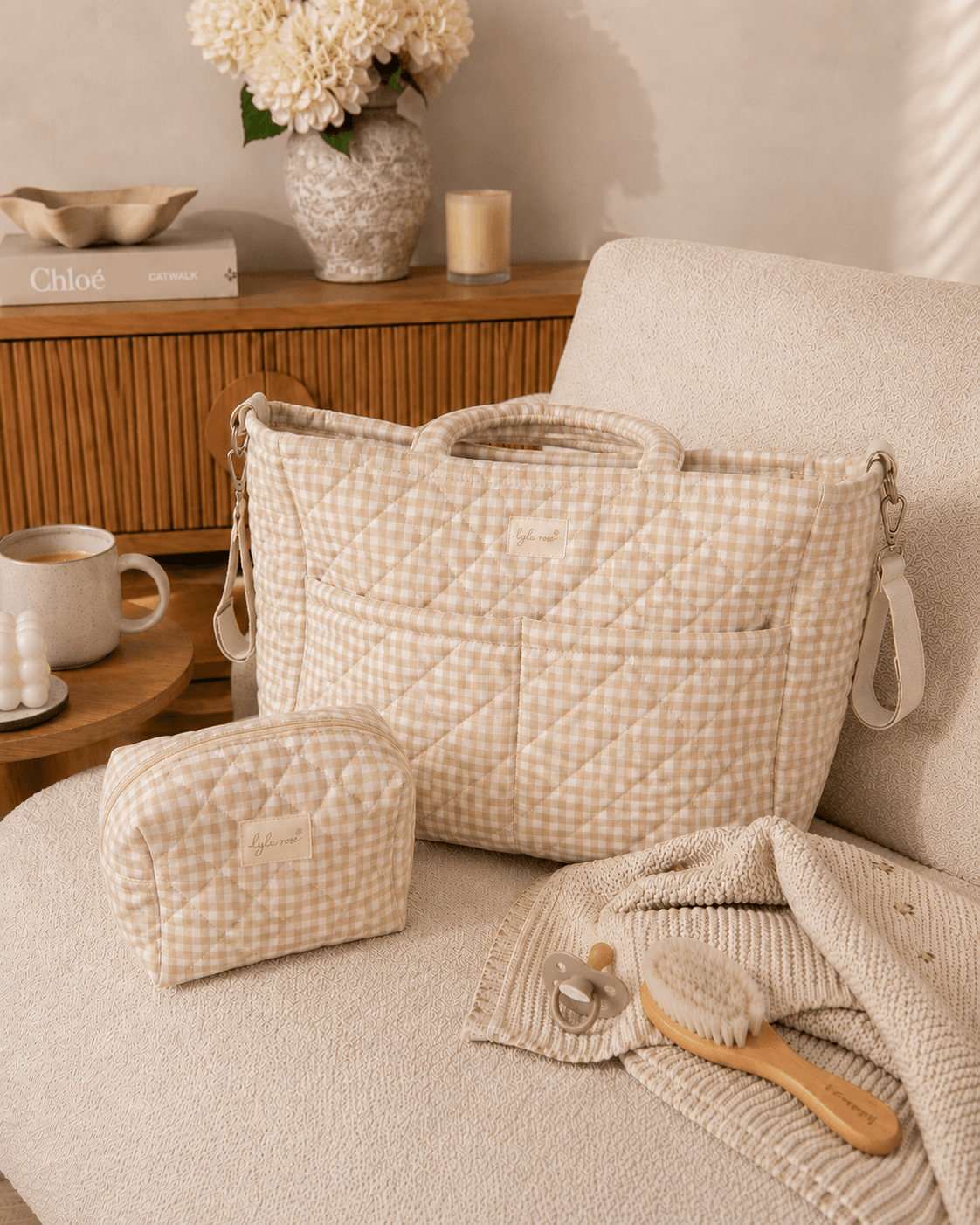 Oat Gingham Quilted Tote Bag